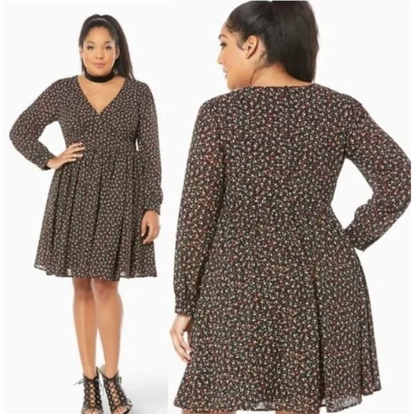 Torrid 20 Black Long Sleeve Flare Floral Deep V Georgette Knee Length Dress - Picture 1 of 9